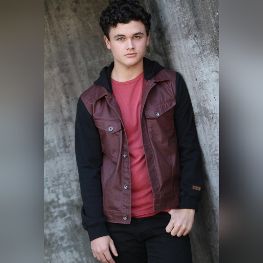 Volcom Hooded Mixed Material Waxed Burgundy Denim Jacket Black Sleeves Y2K Sz S